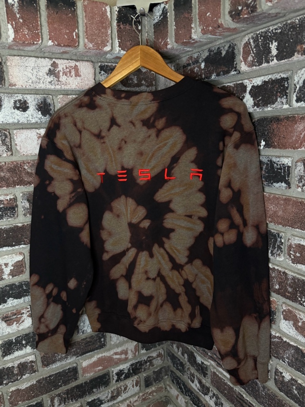 Tesla Embroidered Logo Bleach Spiral Tie-Dye Crewneck Sweatshirt